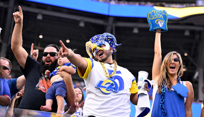 Oct 15, 2023; Inglewood, California, USA; Los Angeles Rams fans celebrate after the Rams defeat the Arizona Cardinals at SoFi Stadium. Mandatory Credit: Alex Gallardo-USA TODAY Sports